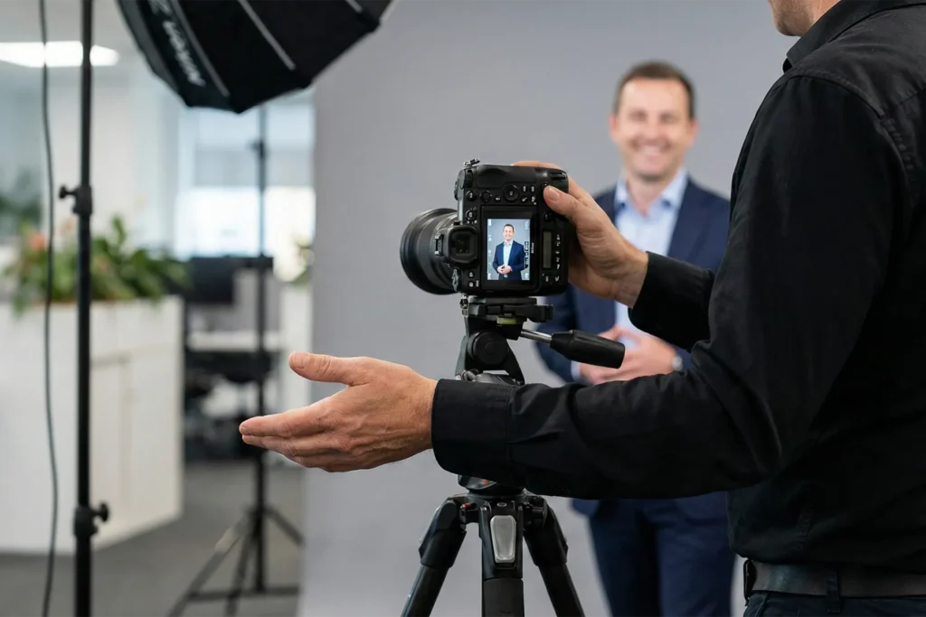 Fotógrafo a dirigir colaborador durante sessão de retratos corporativos