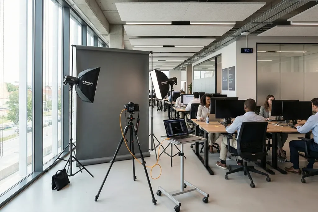 Estúdio móvel de fotografia corporativa montado em escritório com espaço reduzido