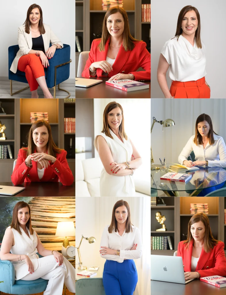 Mural com 9 exemplos de fotografia de personal branding e retratos executivos verticais. Mostra variedade de estilos: autoridade, empatia e lifestyle corporativo para LinkedIn.