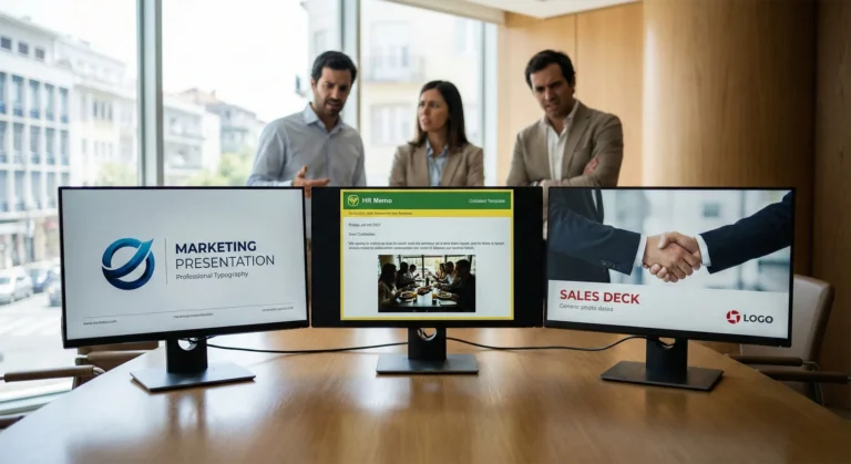 Três ecrãs lado a lado mostrando materiais de comunicação inconsistentes de Marketing, RH e Vendas de uma empresa B2B