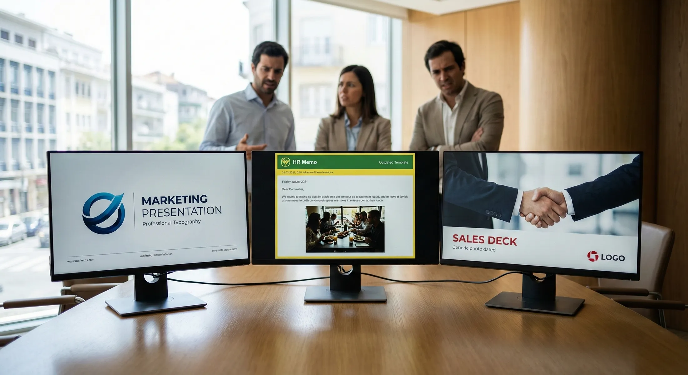 Três ecrãs lado a lado mostrando materiais de comunicação inconsistentes de Marketing, RH e Vendas de uma empresa B2B