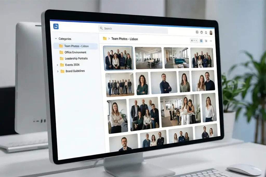 Interface de biblioteca digital de assets fotográficos corporativos B2B, organizada por departamento, em monitor de alta resolução