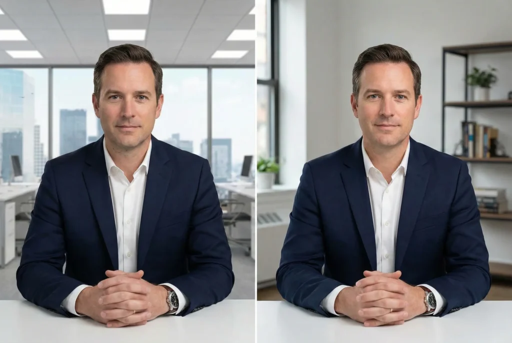 Comparação lado a lado de profissional em videochamada com background virtual artificial versus background real profissional, demonstrando diferença de percepção de credibilidade