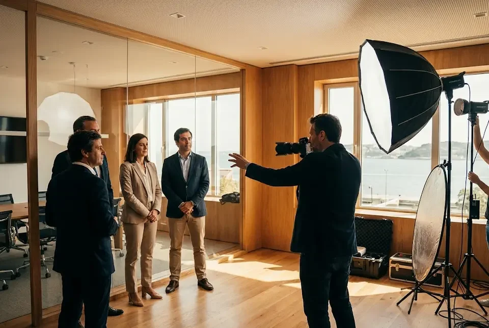 Sessão de fotografia corporativa profissional de equipa de consultoria em Lisboa, fotógrafo a trabalhar em estúdio temporário em escritório empresarial