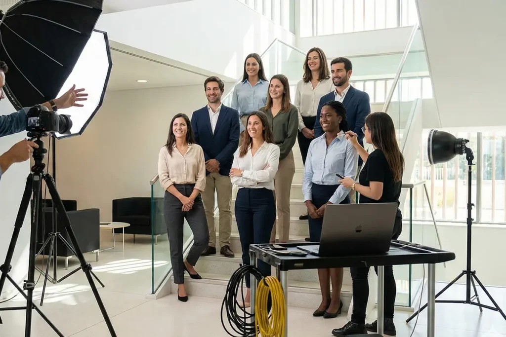Fotógrafo corporativo a dirigir sessão de fotografia de equipa empresarial B2B em estúdio ou escritório durante Brand Authority Day