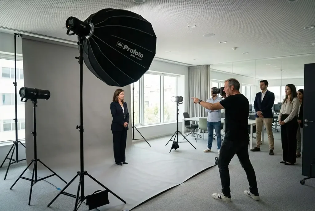 Bastidores de sessão Brand Authority Day mostrando setup profissional de estúdio temporário em escritório corporativo, com iluminação Profoto e equipa a ser fotografada