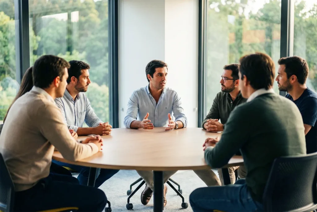 CEO de startup tech em momento de vulnerabilidade e feedback com equipa durante evento corporativo, demonstrando liderança