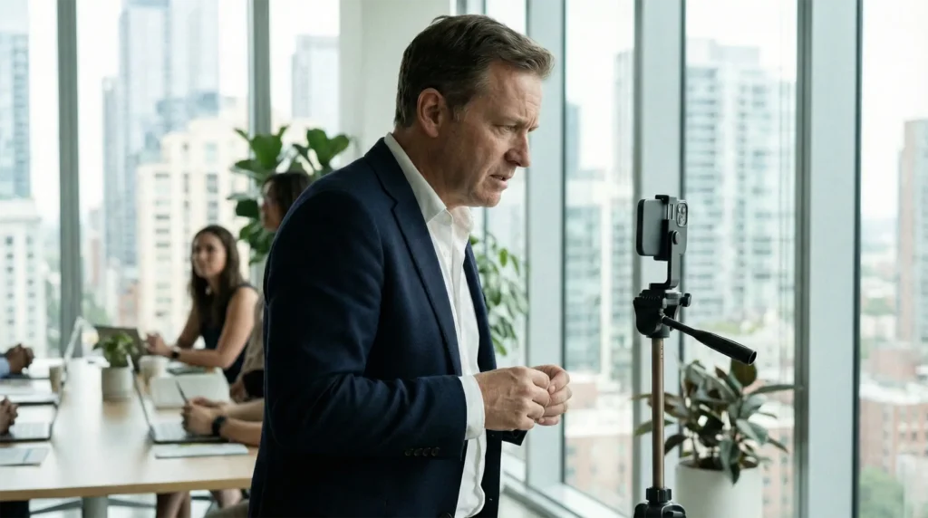 Executivo empresarial hesitante em frente à câmara do smartphone preparado para gravar vídeo para LinkedIn