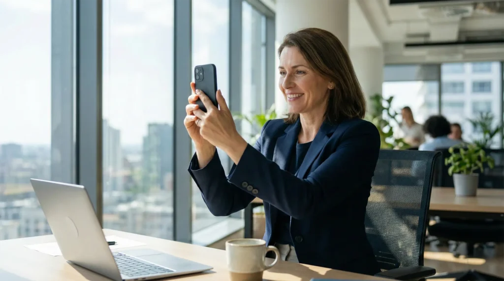 CEO a gravar vídeo autêntico e casual no escritório usando smartphone para LinkedIn