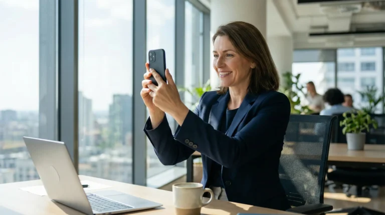 CEO a gravar vídeo autêntico e casual no escritório usando smartphone para LinkedIn