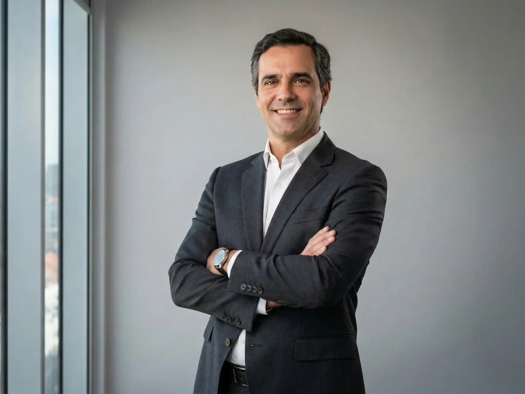 CEO com fotografia de personal branding profissional para LinkedIn em ambiente corporativo moderno