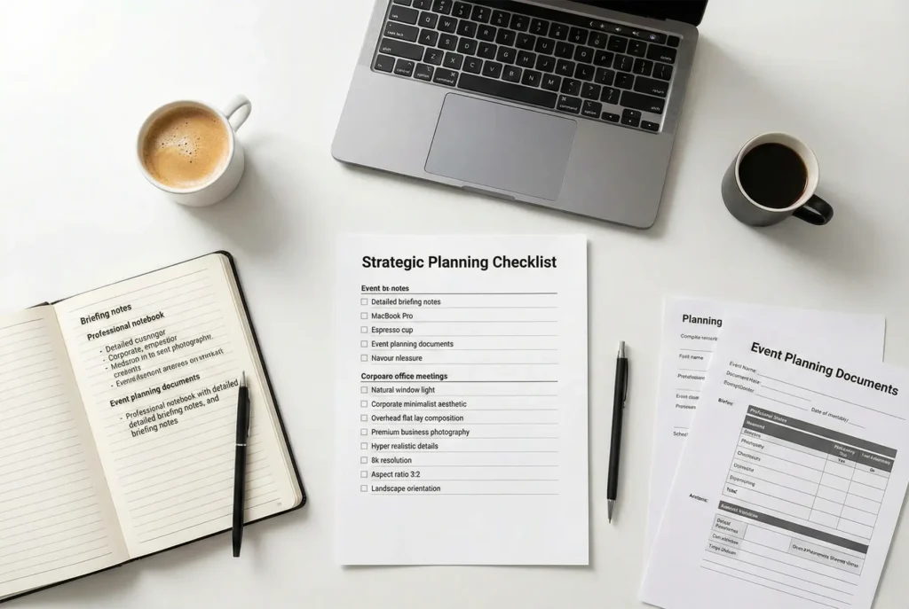 Checklist de planeamento para fotografia profissional de evento corporativo B2B, documento estratégico sobre mesa de reunião