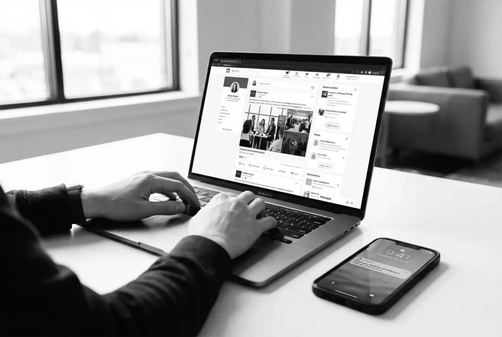 Profissional B2B a partilhar conteúdo de evento corporativo no LinkedIn, mostrando estratégia de employee advocacy e employer branding