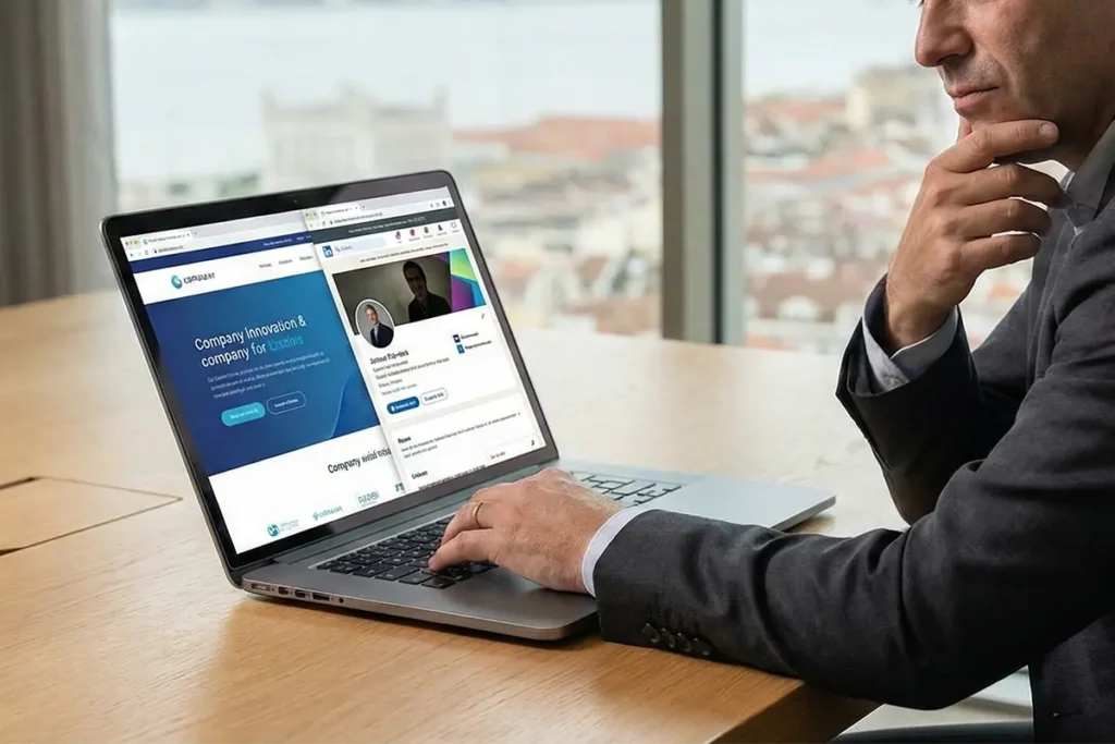 Executivo B2B a analisar o perfil LinkedIn e website de uma empresa num laptop, em ambiente de escritório