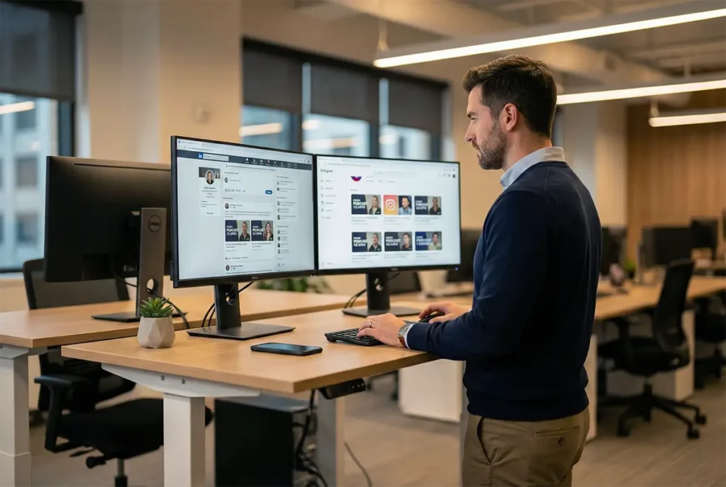 Profissional de marketing B2B a gerir distribuição de conteúdo de podcast em múltiplas plataformas digitais, ecrã com interface LinkedIn e Instagram, ambiente de trabalho moderno