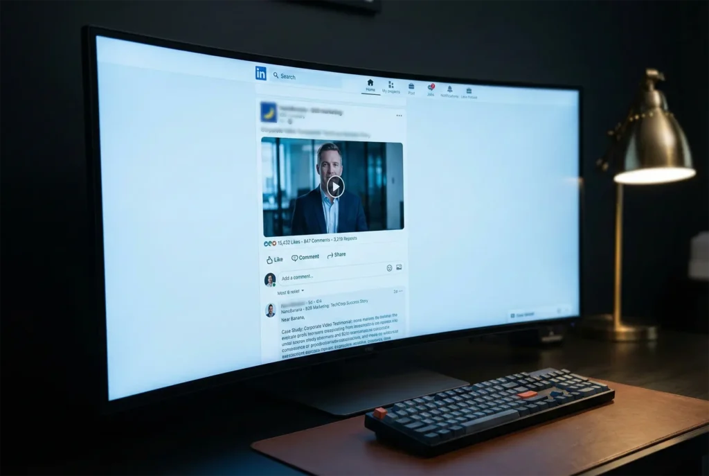 Ecrã de computador com dashboard de LinkedIn Analytics a mostrar métricas de um vídeo testemunho corporativo B2B com elevado engagement