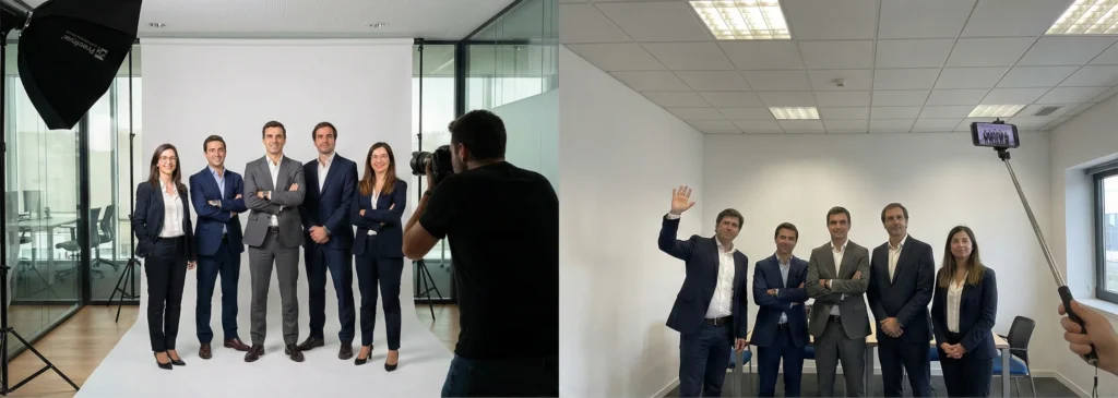 Comparação lado a lado entre fotografia corporativa profissional e amadora de equipas B2B