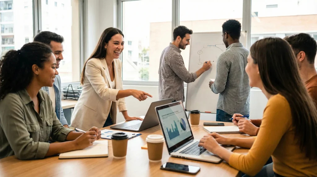 Equipa jovem e diversa a trabalhar de forma colaborativa num escritório moderno, demonstrando autenticidade em employer branding através de fotografia corporativa real
