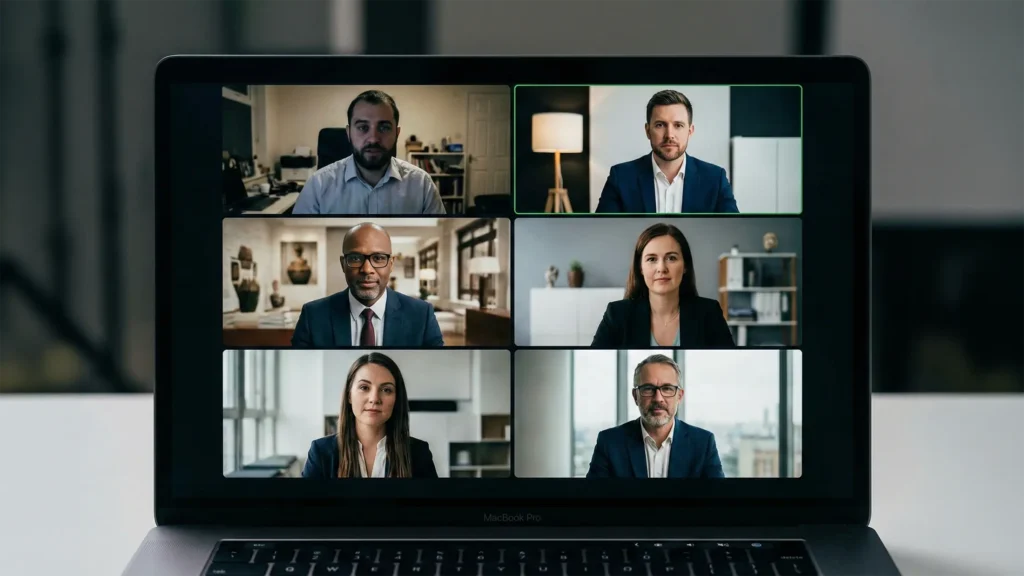 Montagem de ecrã dividido mostrando 6 profissionais em videochamada com backgrounds inconsistentes e iluminação desigual, representando falta de coerência visual corporativa