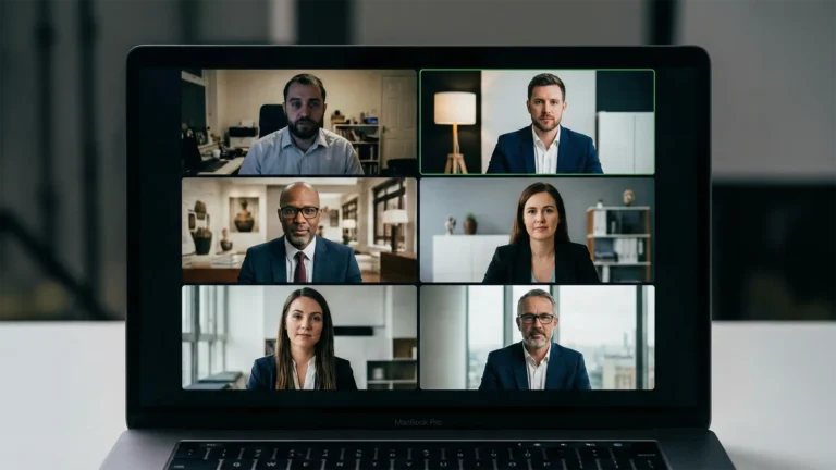 Montagem de ecrã dividido mostrando 6 profissionais em videochamada com backgrounds inconsistentes e iluminação desigual, representando falta de coerência visual corporativa