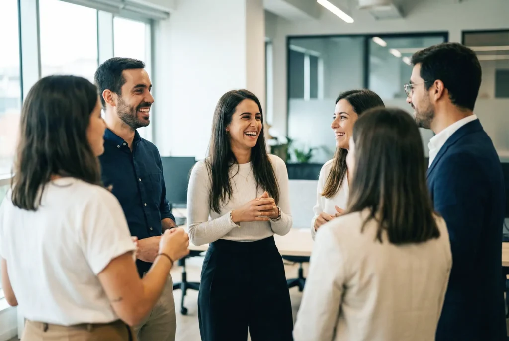 Equipa de startup portuguesa a interagir de forma genuína durante evento de team building em Lisboa, capturando momento real sem pose