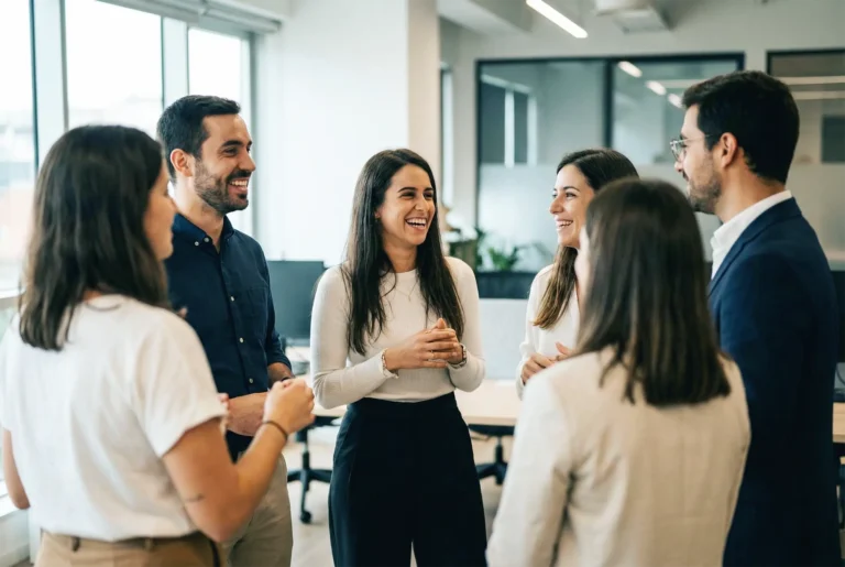 Equipa de startup portuguesa a interagir de forma genuína durante evento de team building em Lisboa, capturando momento real sem pose