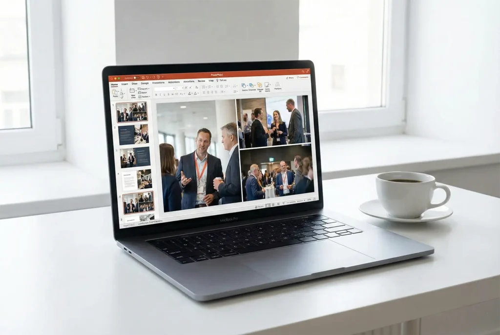 Sales deck profissional B2B com fotografia de evento corporativo integrada, demonstrando uso estratégico de conteúdo visual