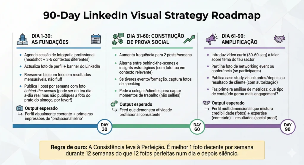 nfográfico timeline mostrando estratégia visual LinkedIn em três fases ao longo de 90 dias: fundações, prova social e amplificação