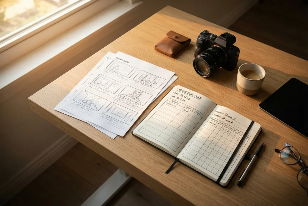 Storyboard de produção de vídeo corporativo B2B mostrando os três momentos narrativos de um testemunho: antes, durante e resultado