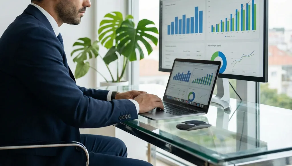 Empresário a analisar gráficos de conversão e ROI em fotografia corporativa profissional vs amadora