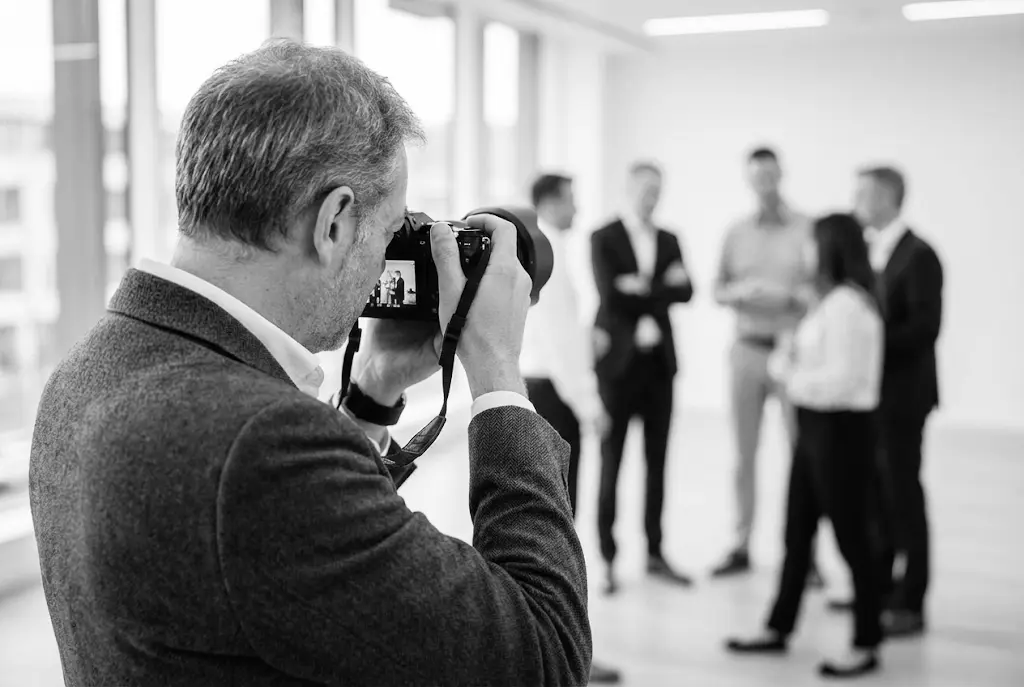 Fotógrafo corporativo profissional a capturar momento autêntico durante evento de team building em empresa B2B portuguesa