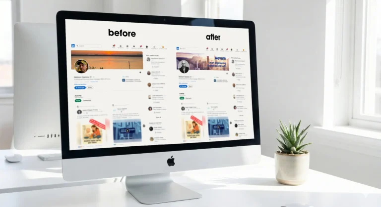 Comparação visual entre perfil LinkedIn amador com selfie desfocada e perfil profissional com fotografia corporativa de qualidade
