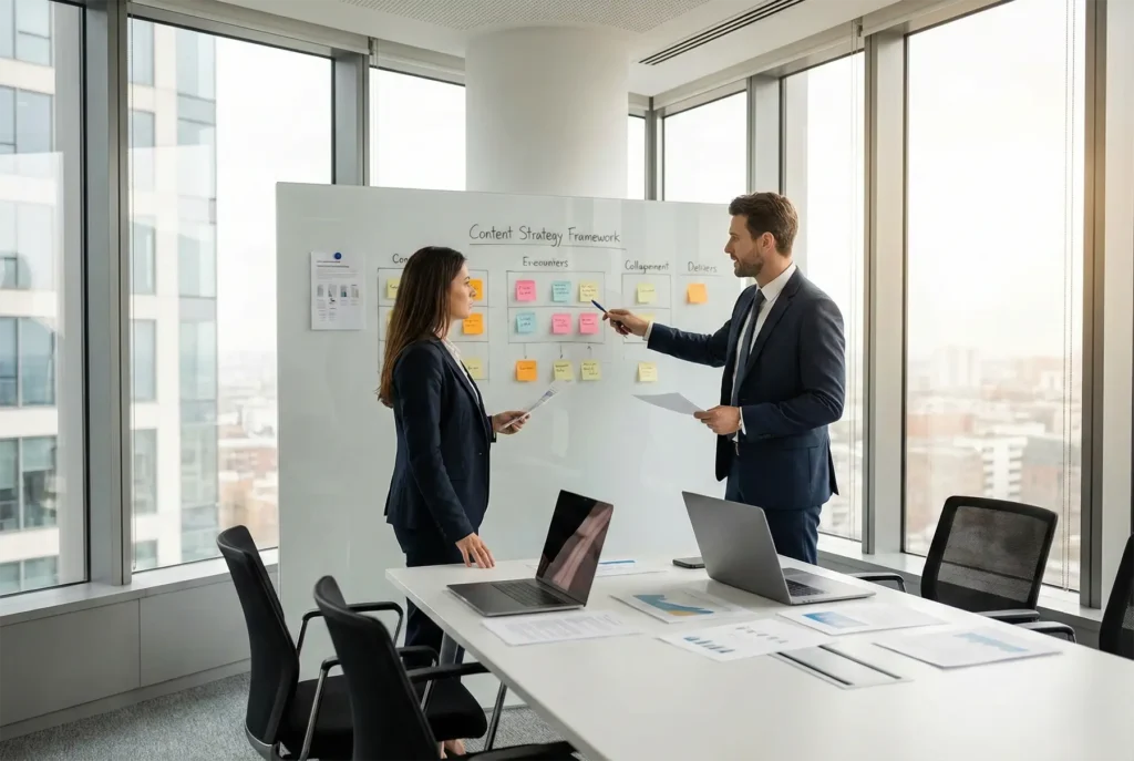 Sessão de consultoria de estratégia de podcast corporativo B2B, profissionais em reunião em ambiente de escritório moderno, quadro branco com framework de conteúdo