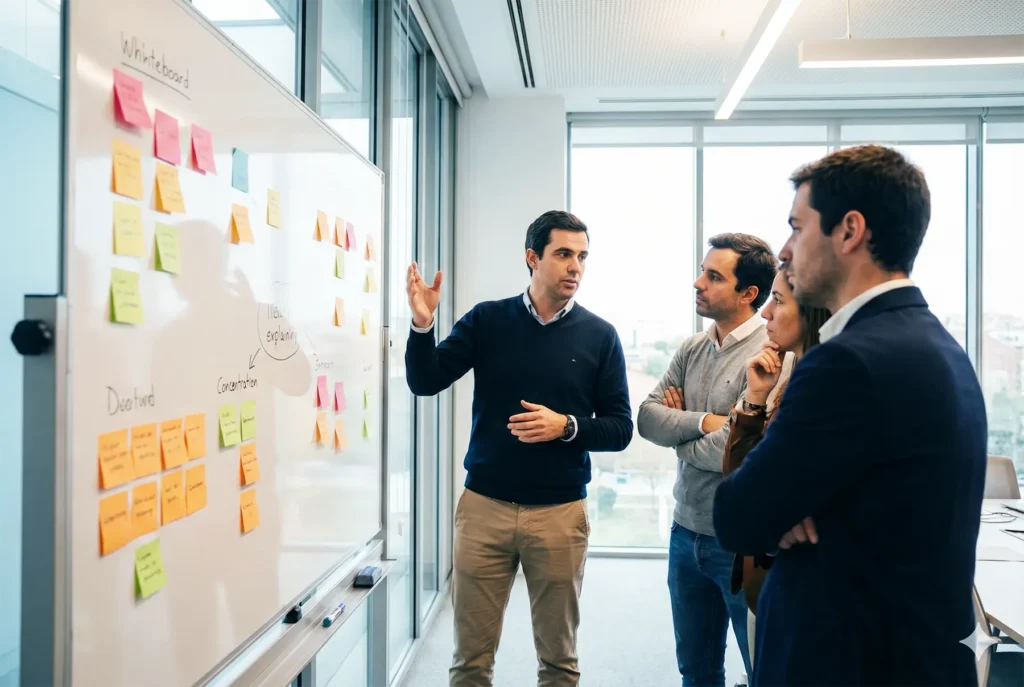 Equipa B2B em momento genuíno de brainstorming durante evento de team building, mostrando colaboração real sem pose