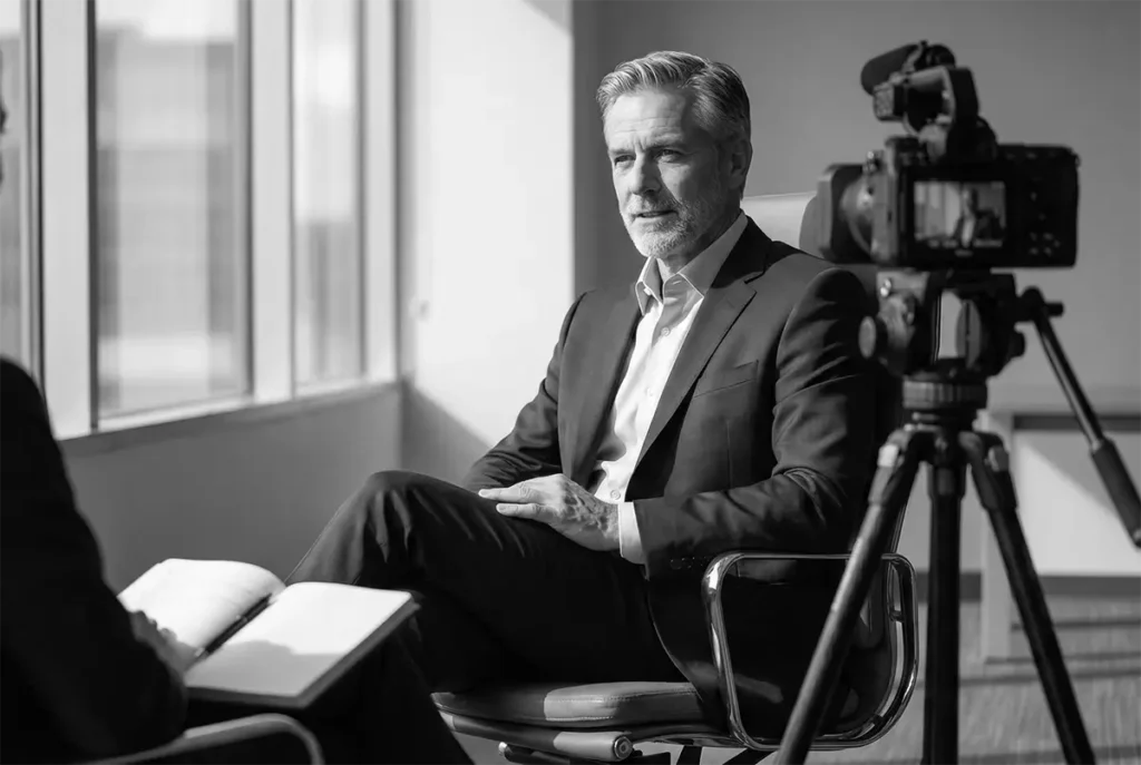 CEO ou diretor executivo a ser entrevistado em podcast corporativo, ambiente de escritório premium, iluminação natural lateral, postura de autoridade e confiança