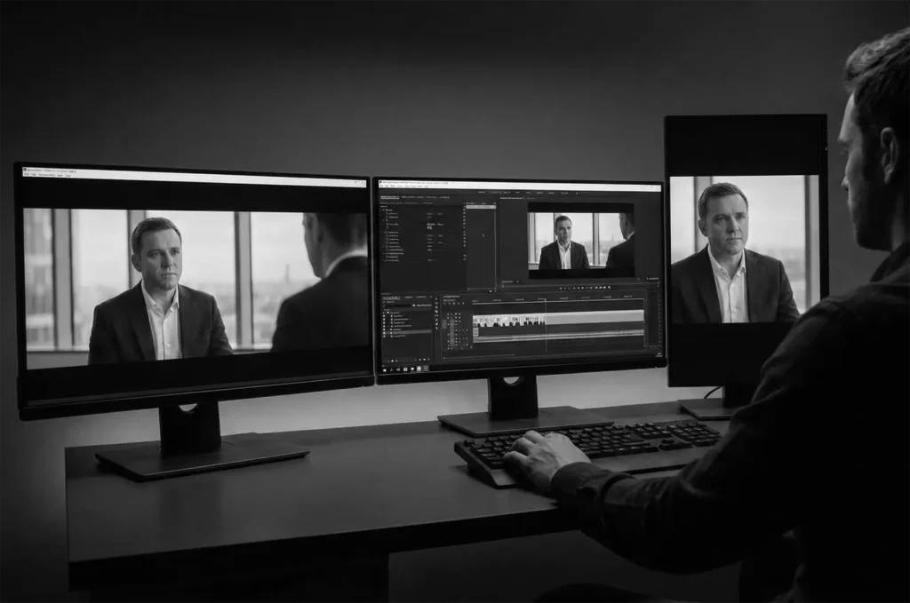 CEO ou diretor executivo a ser filmado em formato vertical 9:16 com equipamento profissional em ambiente de escritório corporativo moderno em Lisboa.