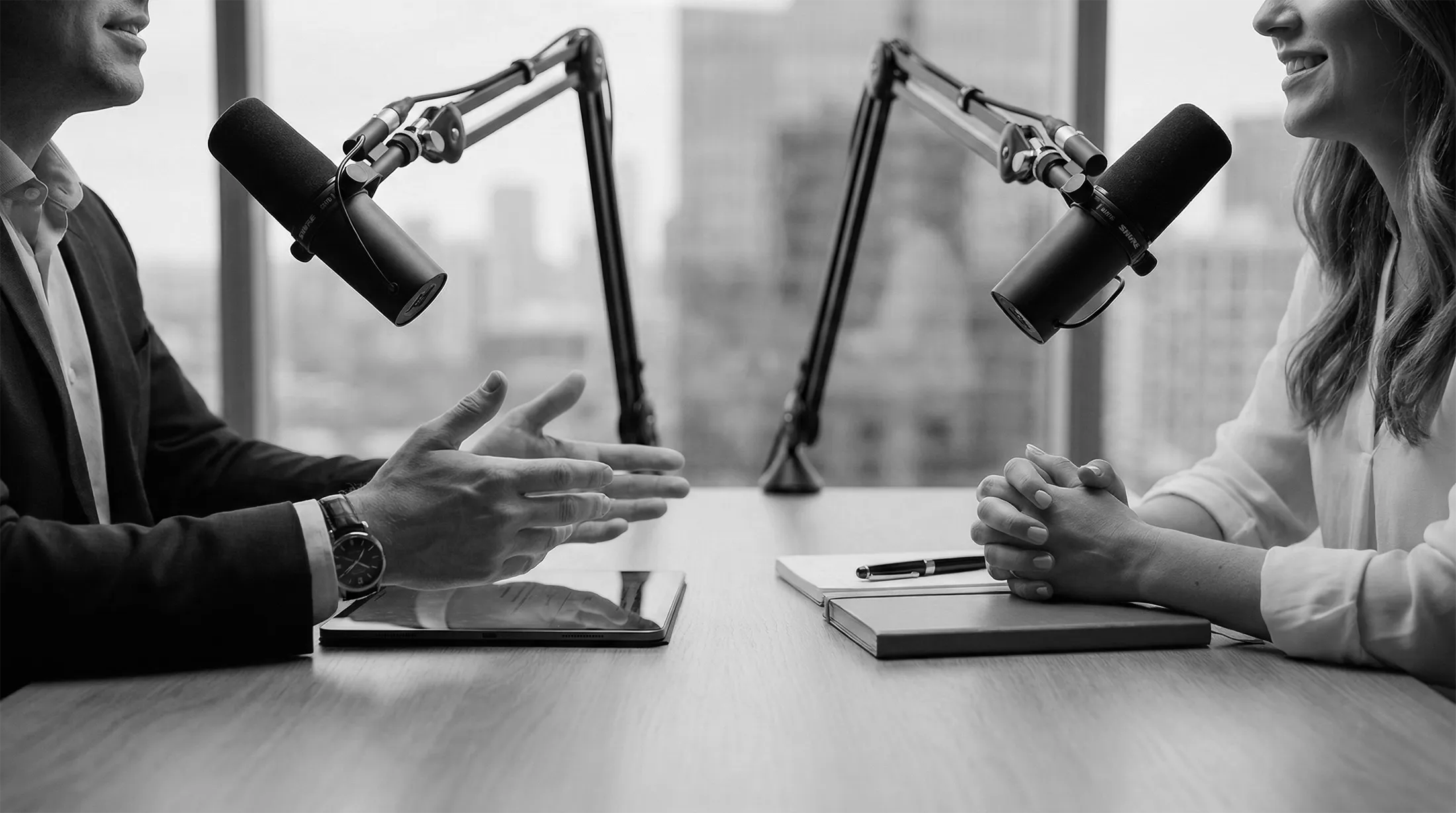 Gravação de vídeo podcast corporativo em escritório moderno em Lisboa. Set profissional com microfones e iluminação para entrevistas B2B.