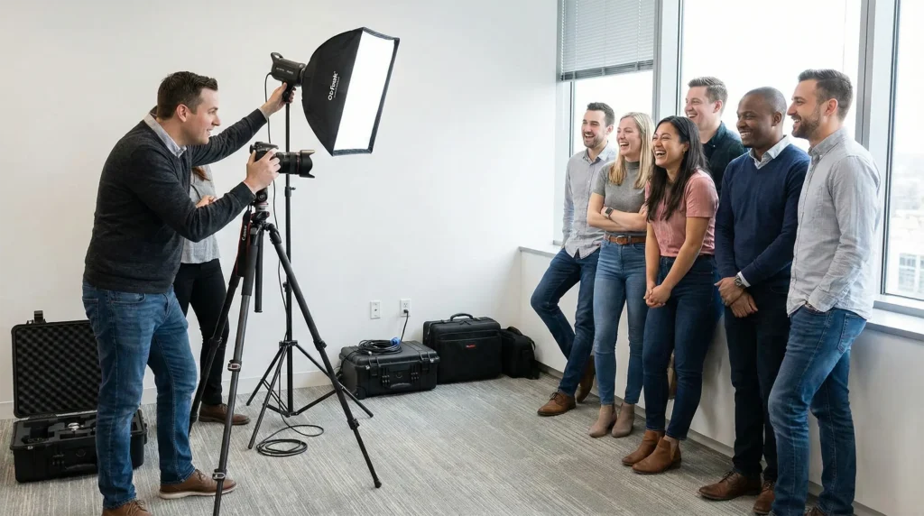 Behind-the-scenes de sessão fotográfica corporativa profissional para employer branding, mostrando processo de criação de conteúdo visual autêntico para recrutamento