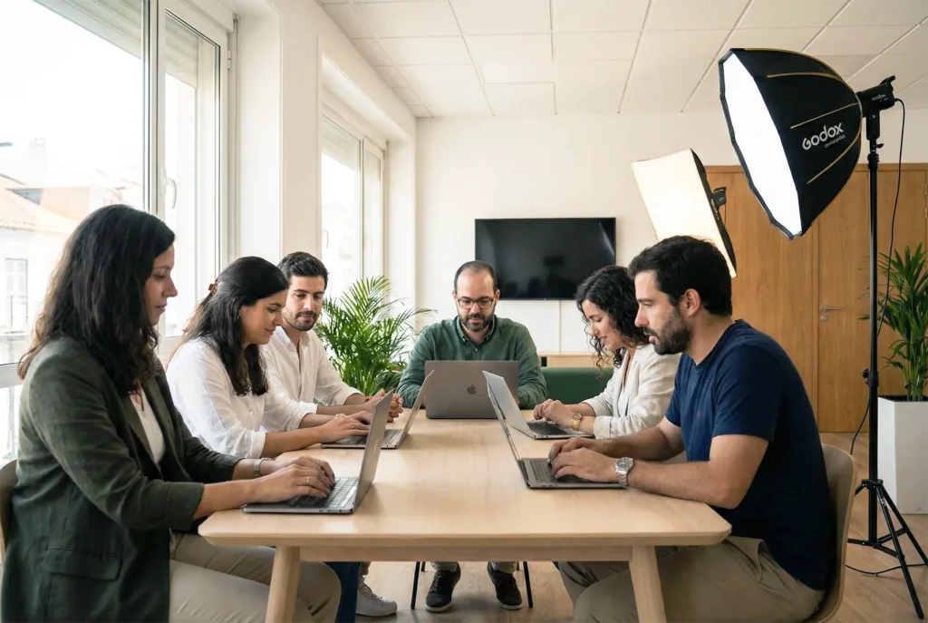 Sessão de fotografia corporativa profissional em escritório B2B com equipa a trabalhar em ambiente real