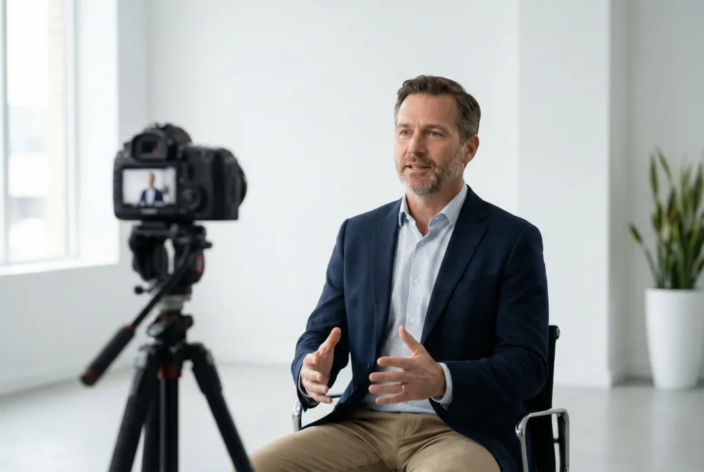 Executivo em ambiente corporativo a gravar testemunho em vídeo para empresa B2B, com iluminação profissional e cenário clean