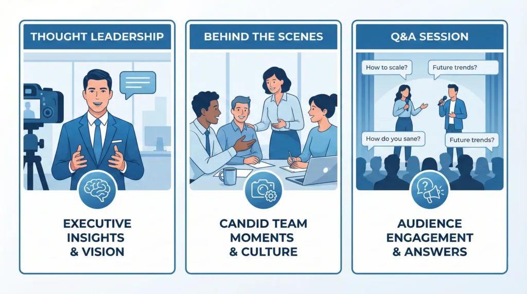 Infográfico mostrando três formatos de vídeo para LinkedIn: Opinião, Bastidores e Q&A