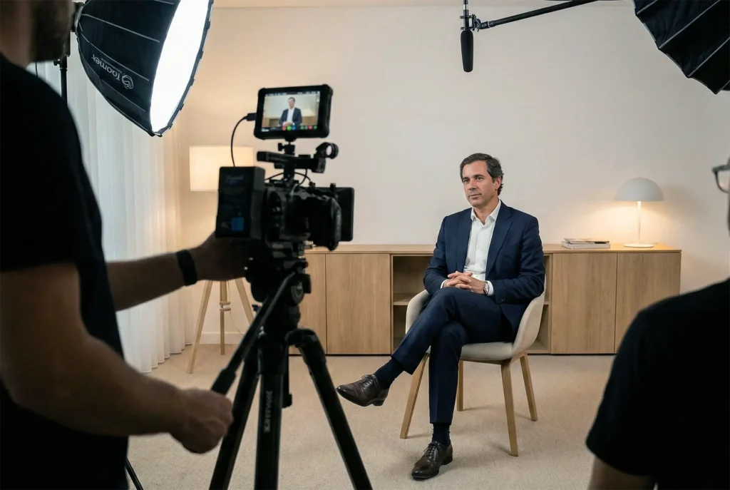 Setup de produção de vídeo corporativo em formato horizontal 16:9 com câmara cinematográfica, iluminação de estúdio e entrevistado executivo em ambiente de escritório premium.