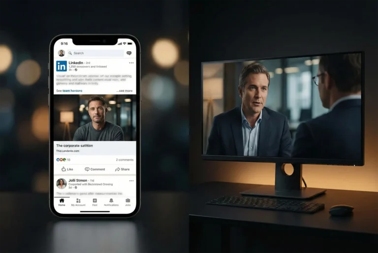 Comparação visual entre vídeo vertical 9:16 e horizontal 16:9 em contexto de produção corporativa B2B, com ecrãs de smartphone e monitor profissional lado a lado.