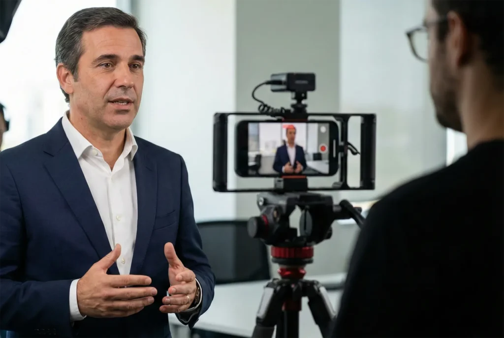 Mesa de edição de vídeo com três ecrãs mostrando o mesmo conteúdo corporativo em formatos 16:9, 1:1 e 9:16 simultaneamente, evidenciando o conceito de produção híbrida.