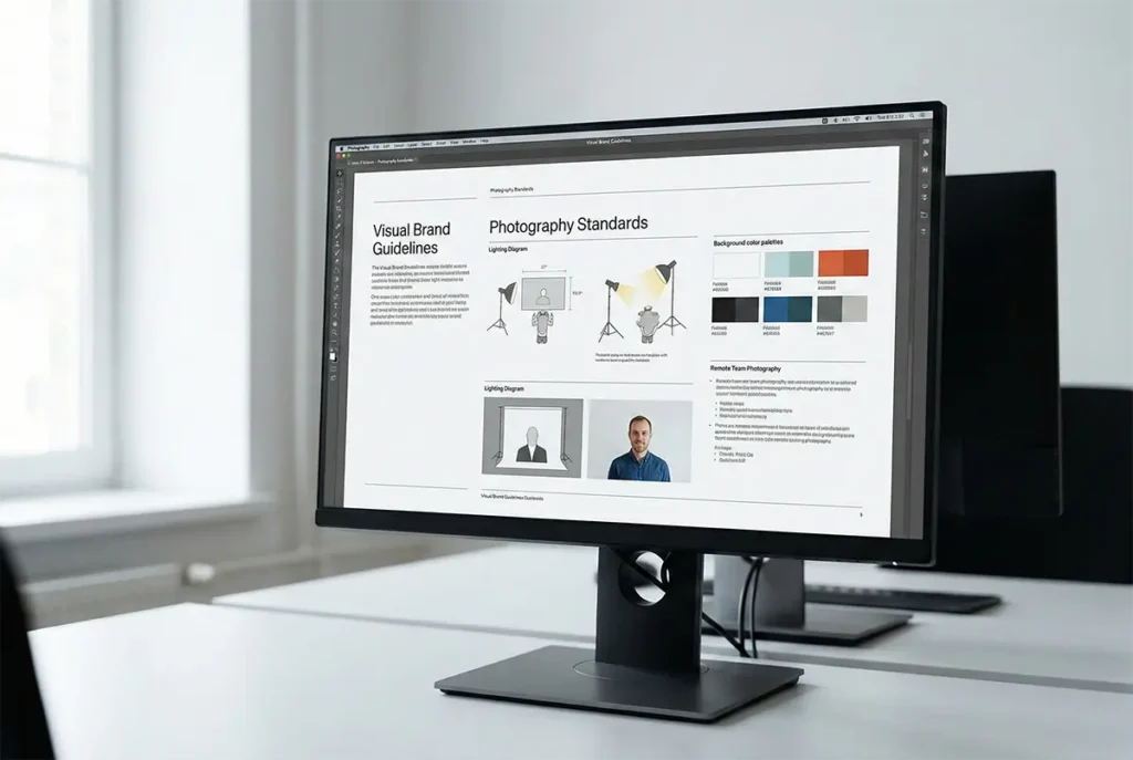 Documento profissional de Visual Brand Guidelines aberto num ecrã, mostrando especificações de iluminação, backgrounds e standards fotográficos para equipas corporativas