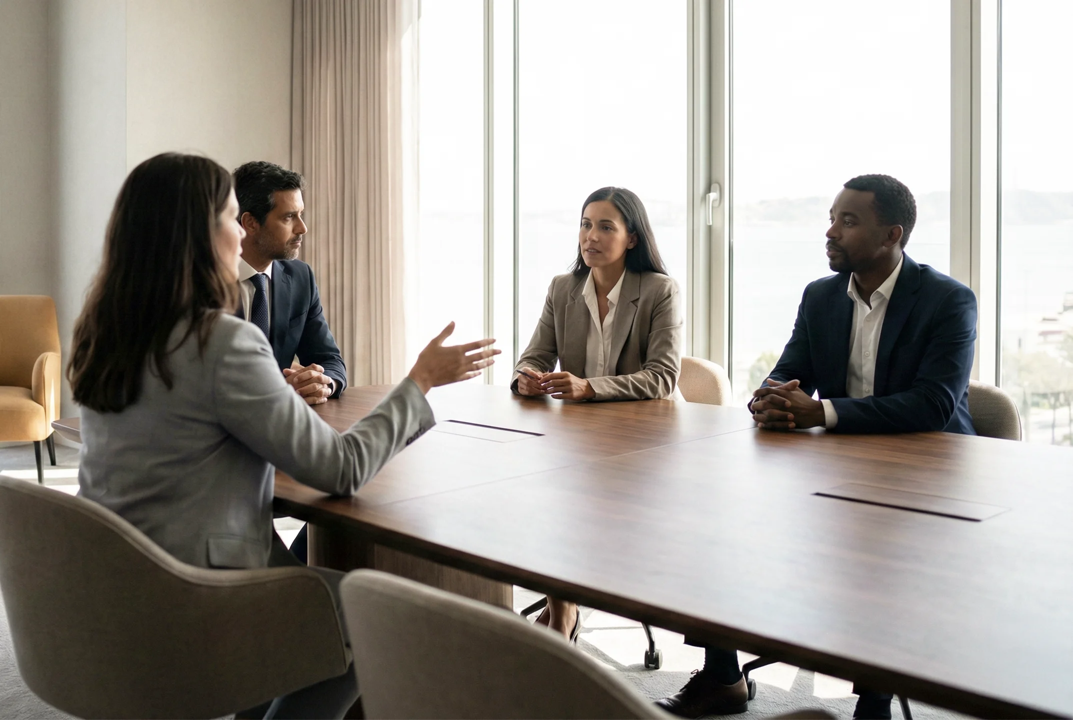 Sala de reunião premium com equipa de consultoria B2B em ambiente profissional, fotografia corporativa de alta qualidade, Lisboa