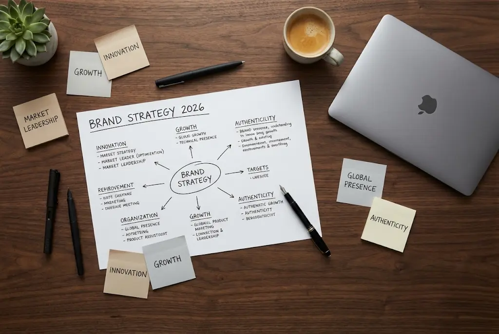 Framework estratégico de imagem visual para empresas B2B representado visualmente em ambiente de trabalho executivo, documentos e post-its numa mesa de reunião